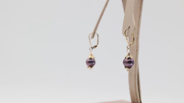 925 Sterling Silver Gold Plated Hook Purple Pearl Dangle Earrings