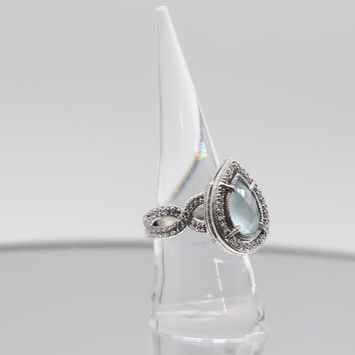 925 Sterling Silver Judith Ripka Teardrop Aquamarine and Cubic Zirconia Ring - Size 8