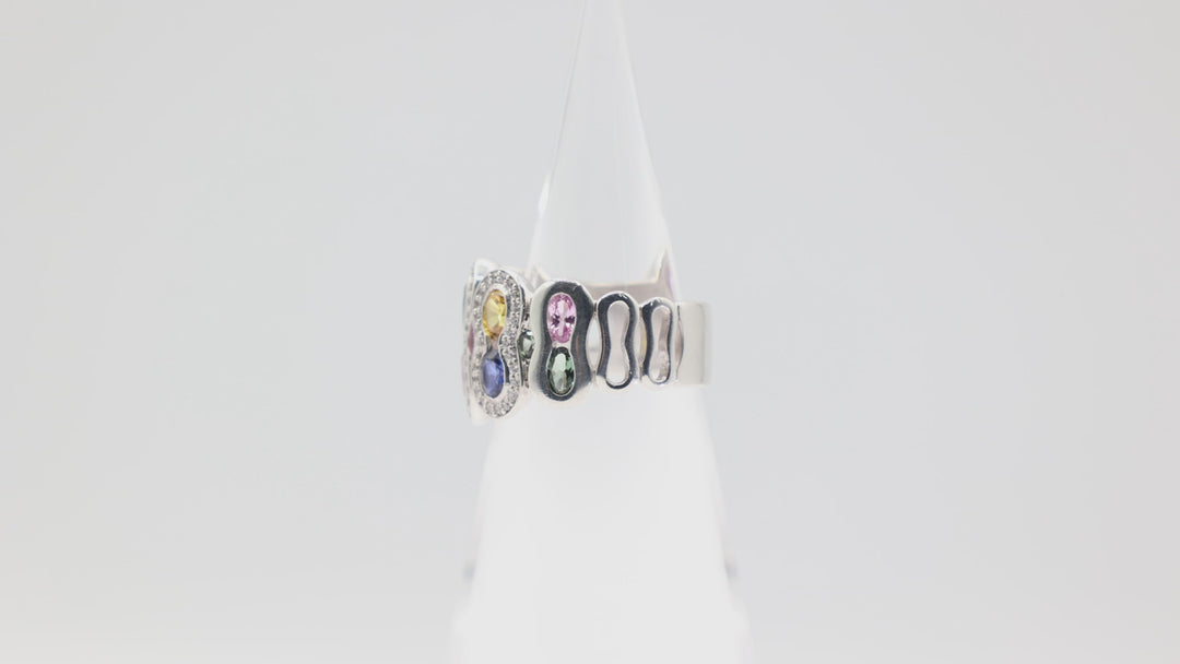925 Sterling Silver Pink Sapphire Blue Sapphire Yellow Tourmaline Green Spinel Ring Size 10.5