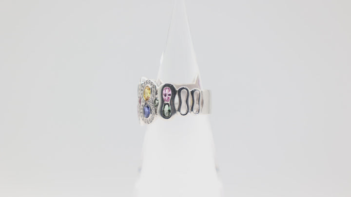 925 Sterling Silver Pink Sapphire Blue Sapphire Yellow Tourmaline Green Spinel Ring Size 10.5