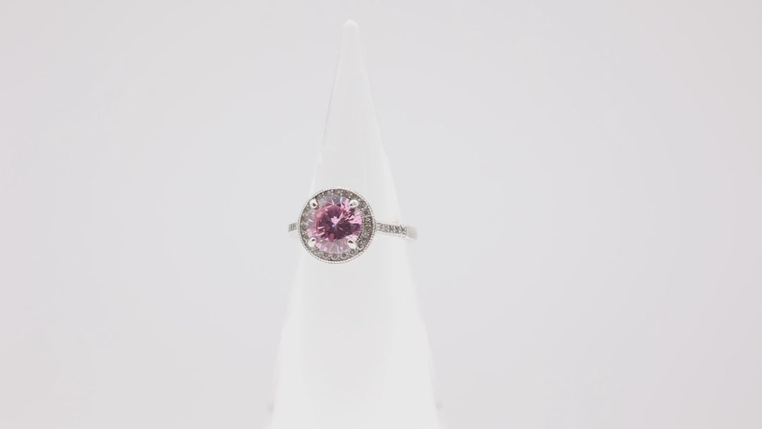 925 Sterling Silver Round Pink Stone with Silver Gems- Size 7