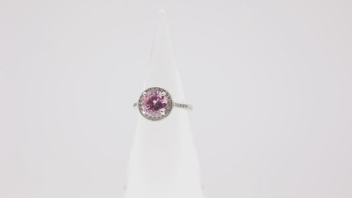 925 Sterling Silver Round Pink Stone with Silver Gems- Size 7