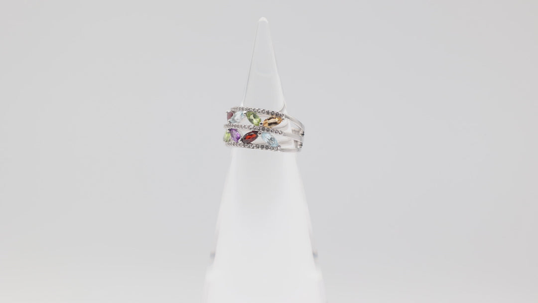 925 Sterling Silver Double Band Gemstone Ring with Prasiolite Garnet Amethyst Citrine and Blue Topaz Size 6