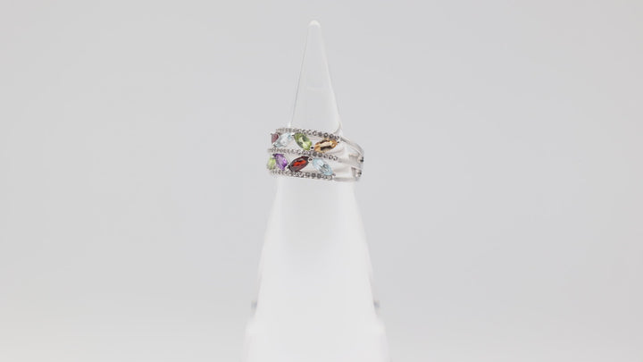 925 Sterling Silver Double Band Gemstone Ring with Prasiolite Garnet Amethyst Citrine and Blue Topaz Size 6