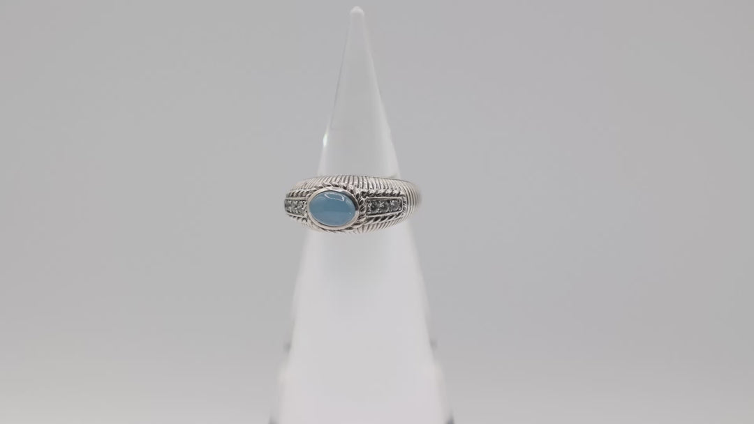 Judith Ripka 925 Sterling Silver Blue Chalcedony Cabochon Gemstone Ring with Diamond Accents Size 8
