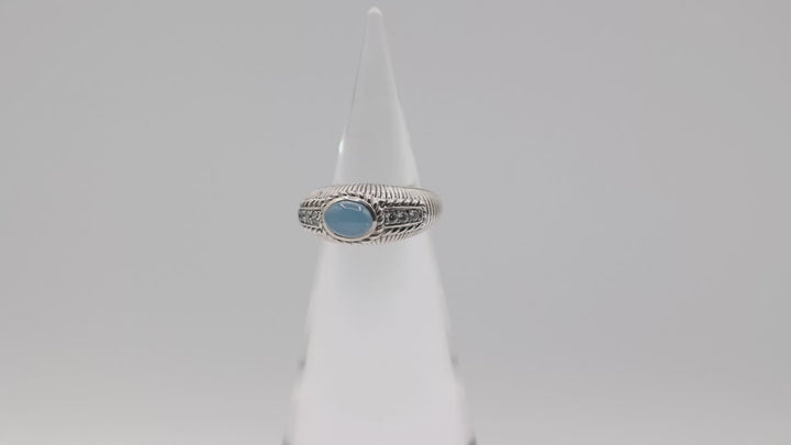 Judith Ripka 925 Sterling Silver Blue Chalcedony Cabochon Gemstone Ring with Diamond Accents Size 8