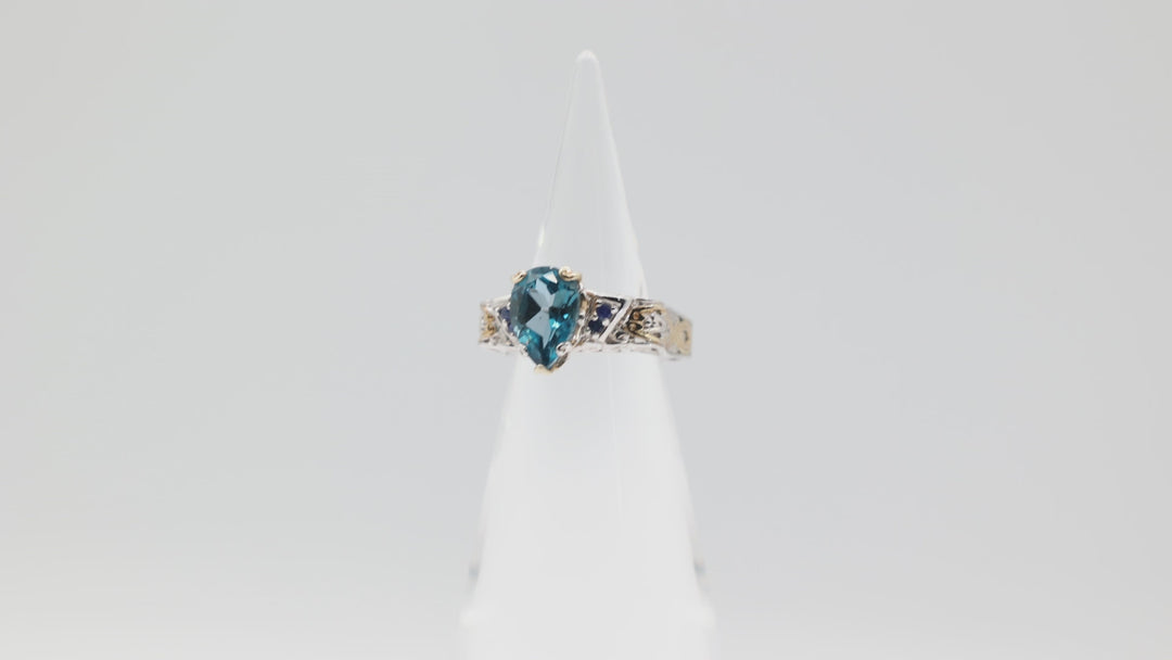 925 Sterling Silver with Gold Accents Square Filigree Band with Pear Shaped Blue Topaz Stone and Blue Sapphire Accents Ring Size 7