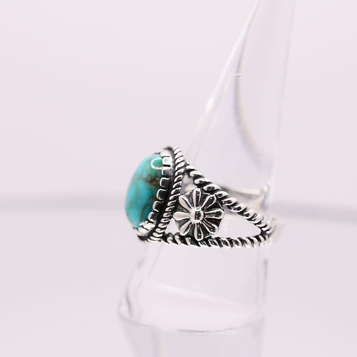 925 Sterling Silver Bright Turquoise Flower Band Ring - Size 9.75
