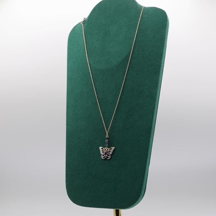 925 Sterling Silver and 14k Yellow Gold Tanzanite and Cubic Zirconia Butterfly Pendant and 14k Yellow Gold Chain Necklace - 19 inches