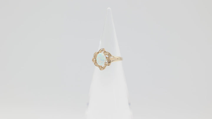 14k Yellow Gold Flower With Oval Opal Ring Size 6.5