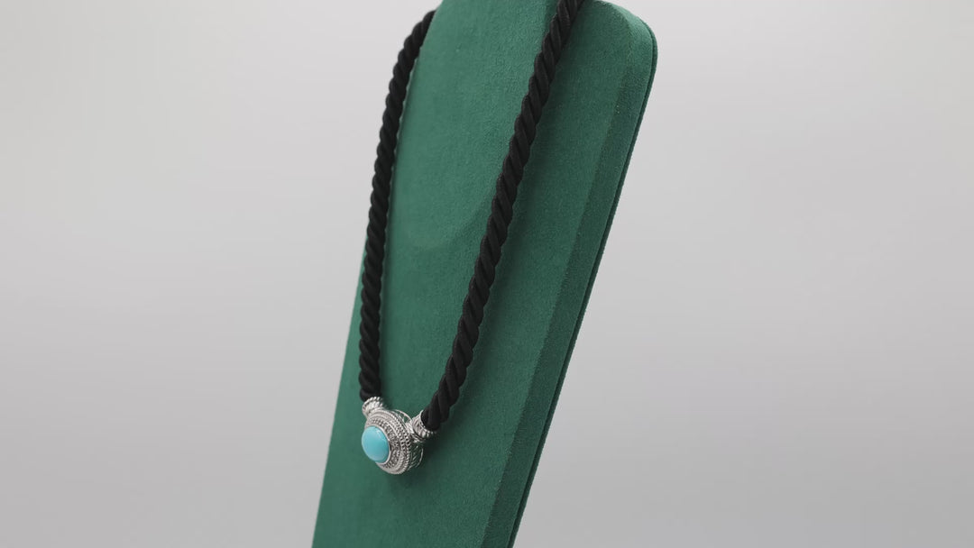 Judith Ripka CZ Turquoise Pendant Magnetic Black Twisted Rope Necklace