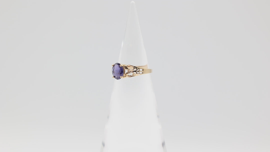 10K Yellow Gold Filigree Band with 9x7mm Oval Iolite Stone Ring Size 9