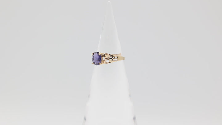 10K Yellow Gold Filigree Band with 9x7mm Oval Iolite Stone Ring Size 9