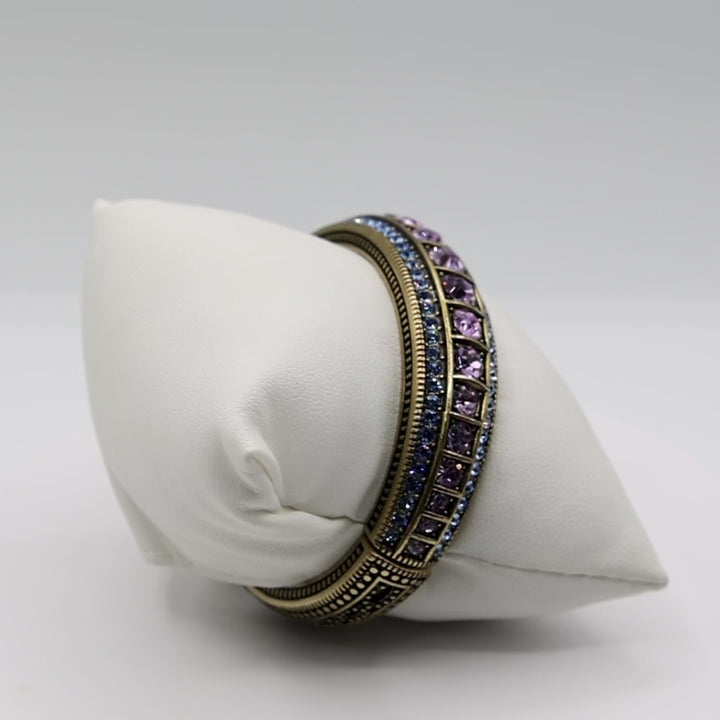 Heidi Daus Brass Blue and Purple Rhinestone Hinge Bangle Bracelet