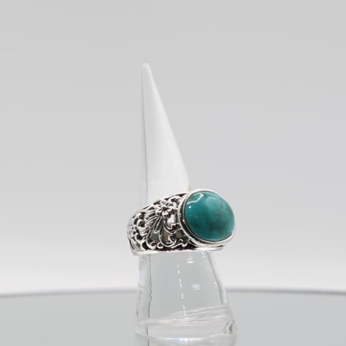 925 Sterling Silver Open Cut Floral Design Ring and Turquoise Gemstone - Size 8