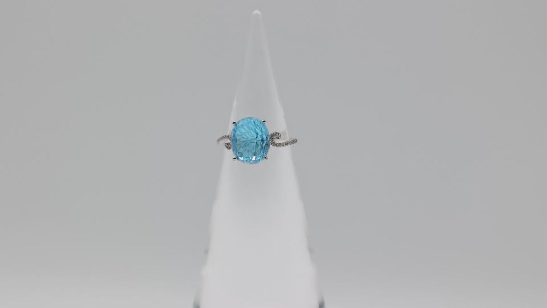14K White Gold Blue Topaz And Diamond Swirl Ring Size 7.25