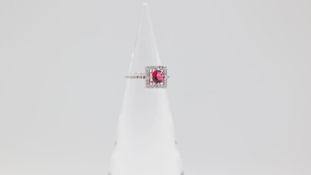 925 Sterling Silver Band Ring with 6mm Round Pink Stone and Square Halo Size 6