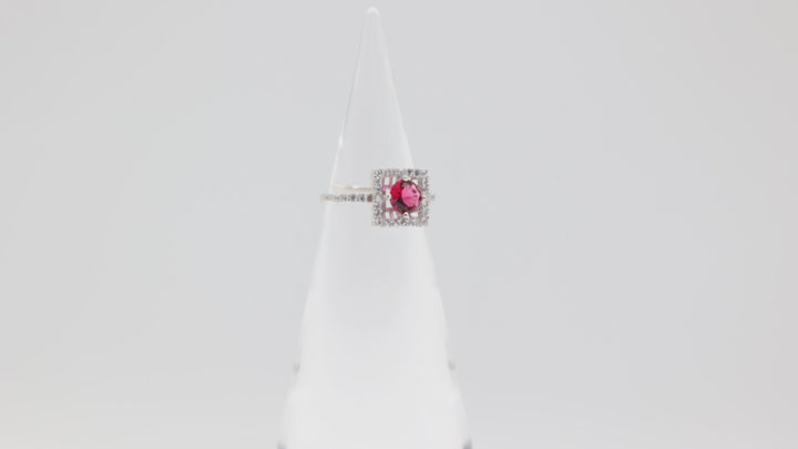 925 Sterling Silver Band Ring with 6mm Round Pink Stone and Square Halo Size 6