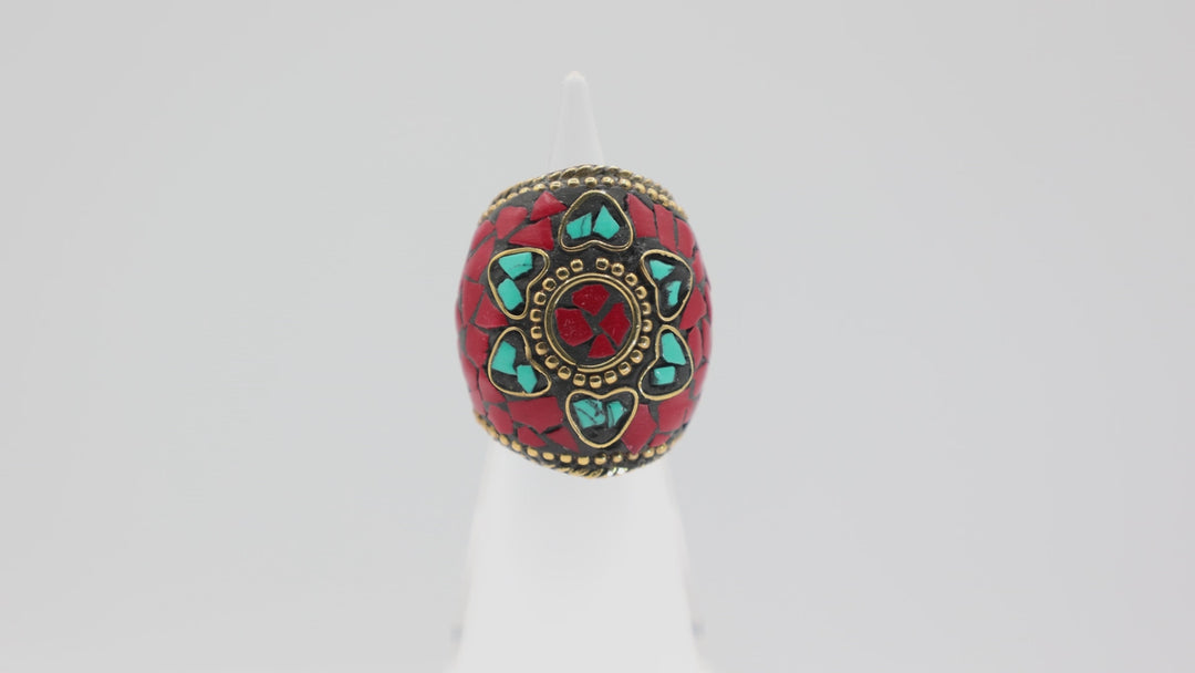 Tibetan Red and Turquoise Gold Tone Ring Size 7.25