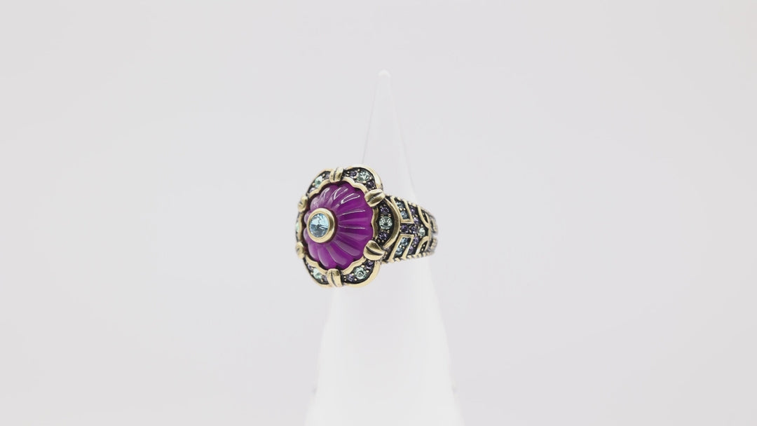Heidi Daus "This Rocks!" Purple Jelly Flower with Blue Stones Ring- Size 7.5
