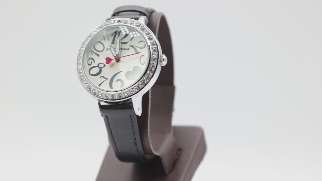 Betsey Johnson Silver Rhinestone And Black Leather Watch
