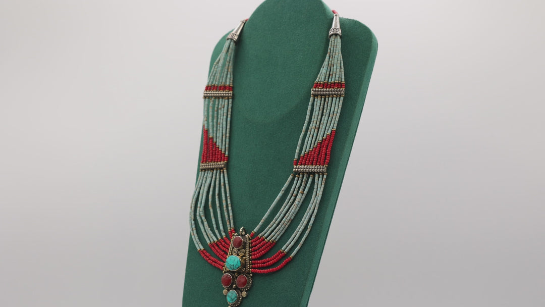 Southwest Style Tibetan Turquoise and Coral Beaded Necklace and Bracelet Set