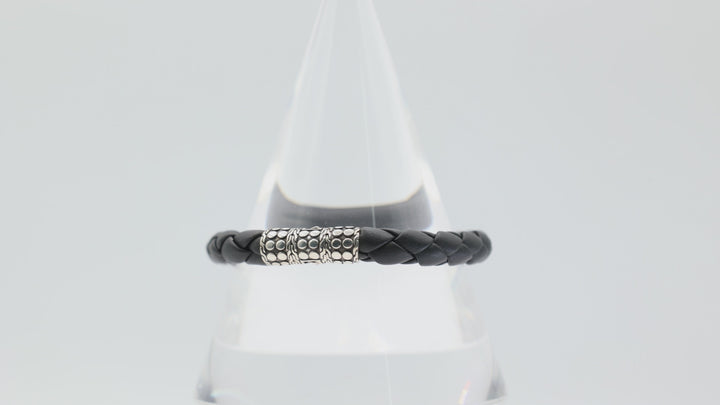 John Hardy 925 Sterling Silver Black Leather Cord Strap Bracelet 7 Inch