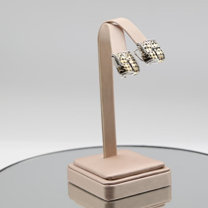 925 Sterling Silver and 18k Yellow Gold Silver Dot Square Omega Back Earrings