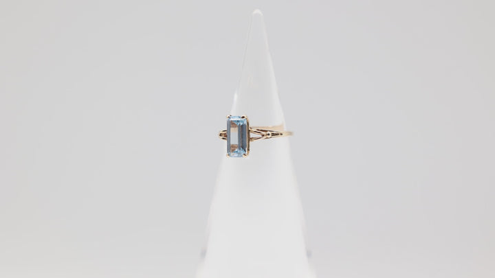 14k Yellow Gold Band with Thin Emerald Cut Blue Topaz Ring Size 5