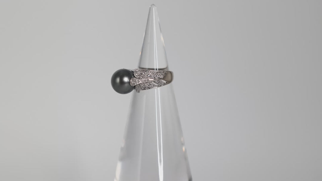 18K White Gold Dark Tahitian Pearl Diamond Accent Ring Size 6