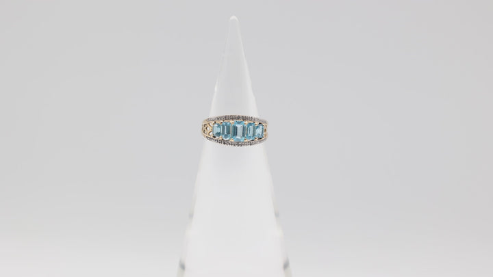 14K Gold 5 Stone Emerald Cut Blue Topaz Diamonds Ring 7.25