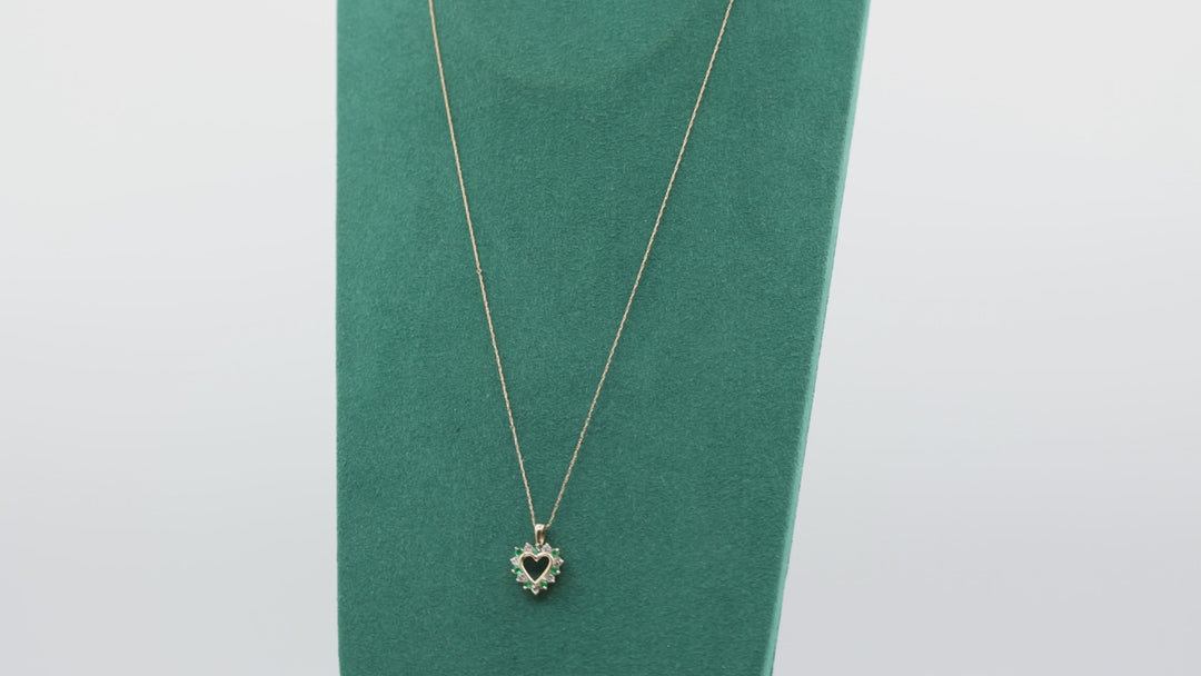 14k Yellow Gold 20 Inch Chain Open Heart Emerald Diamond Pendant Necklace