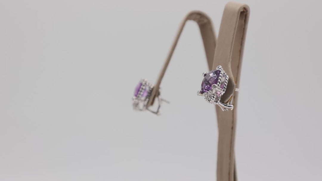 Judith Ripka 925 Sterling Silver Amethyst And CZ Square Stud Earrings