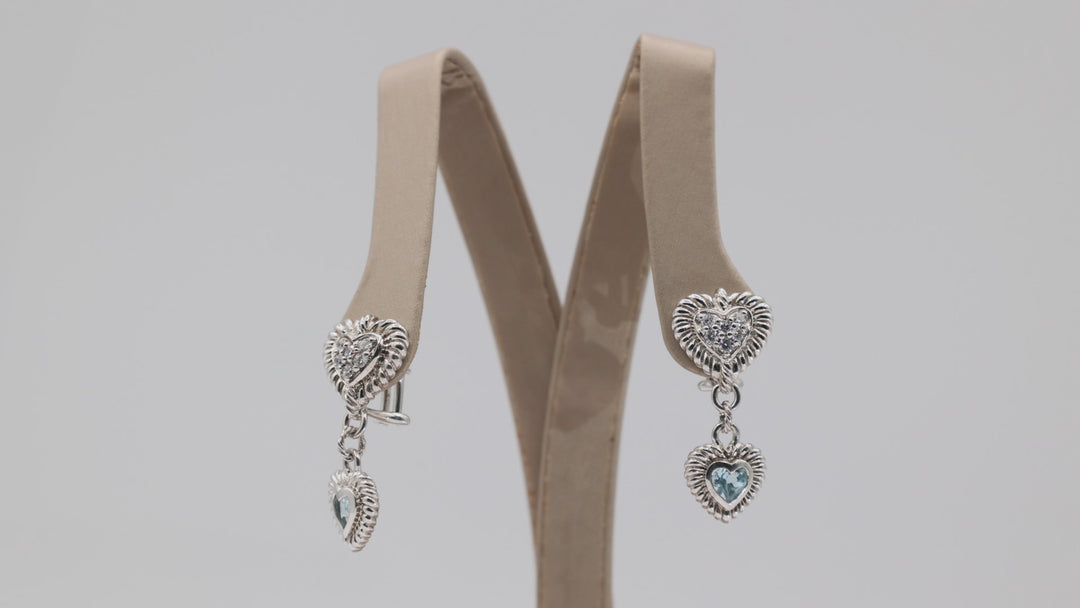 Judith Ripka 925 Blue Topaz Heart and White CZ Dangle Earrings