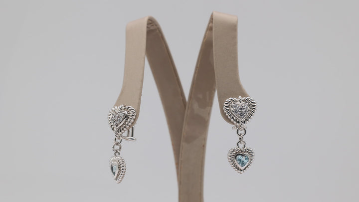 Judith Ripka 925 Blue Topaz Heart and White CZ Dangle Earrings