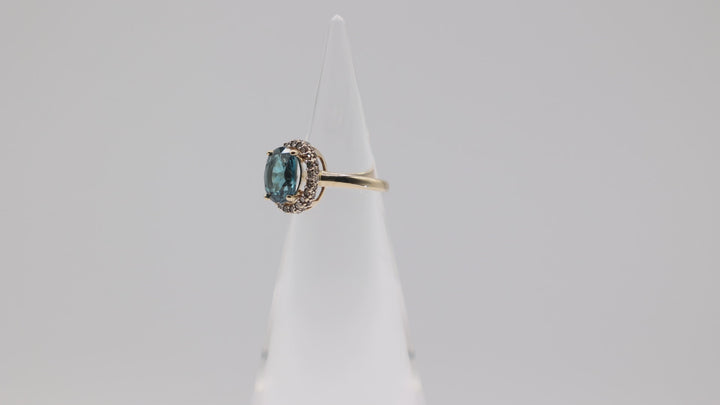 14K Yellow Gold Blue Topaz Halo Ring With White Diamonds 1mm Size 5.5
