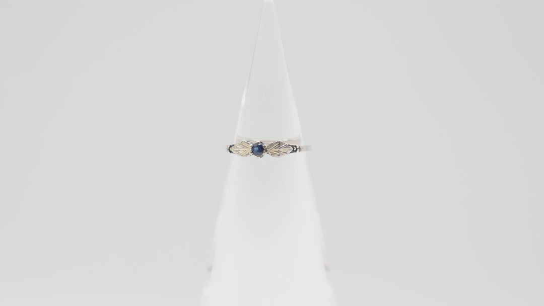 925 Silver Round Blue Sapphire 3mm Ring with Leaf Accents Size 7