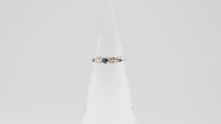925 Silver Round Blue Sapphire 3mm Ring with Leaf Accents Size 7