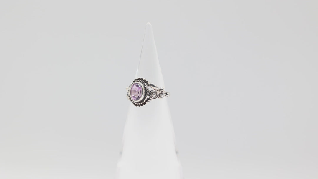925 Sterling Silver Spiral Band Ring with 8x6mm Oval Amethyst Stone Size 7