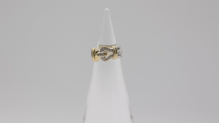 David Yurman Two Tone 18K Gold 925 Silver Diamond Buckle Ring Size 3