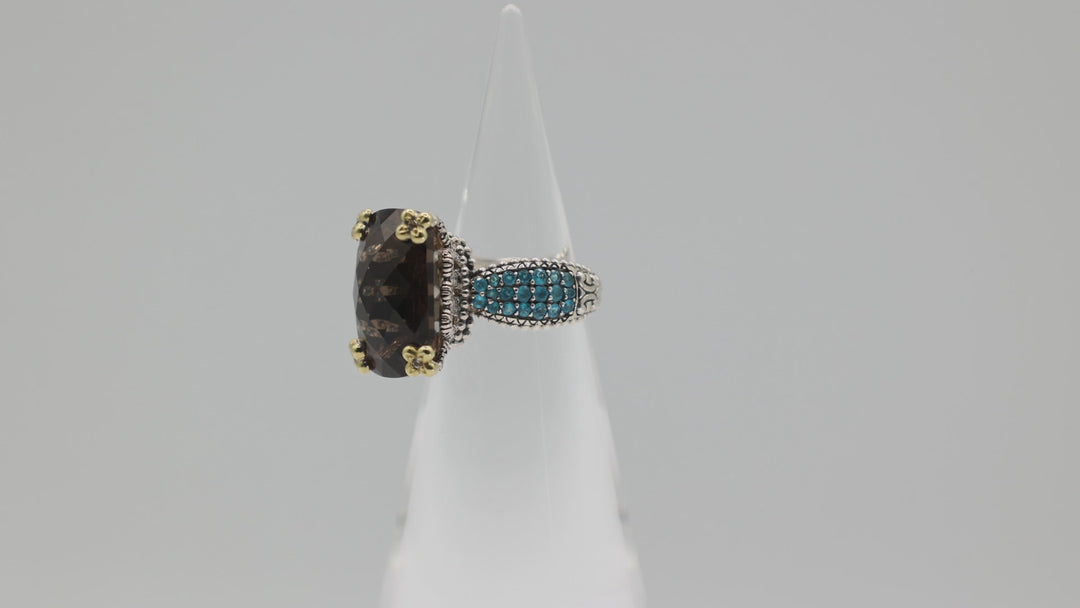 Barbara Bixby 925 Sterling Silver 18K Gold Smoky Quartz Ring 20x14mm 7.75