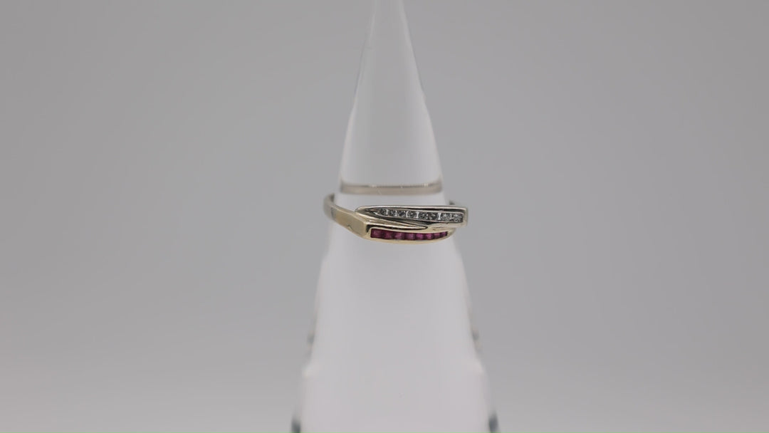 14k white gold & 14k yellow gold with Ruby and White Diamonds layered ring – size 10.5