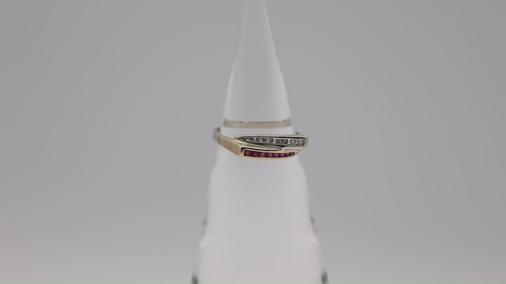 14k white gold & 14k yellow gold with Ruby and White Diamonds layered ring – size 10.5