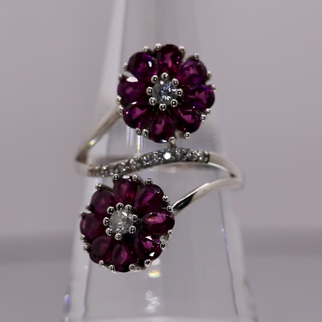 925 Sterling Silver Rhodolite and White Topaz Double Ring - Size  7.75