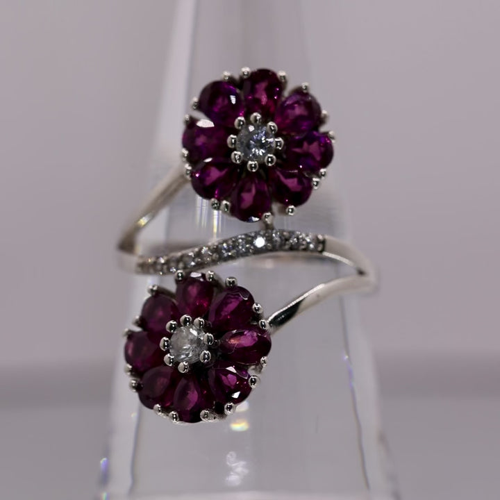 925 Sterling Silver Rhodolite and White Topaz Double Ring - Size  7.75