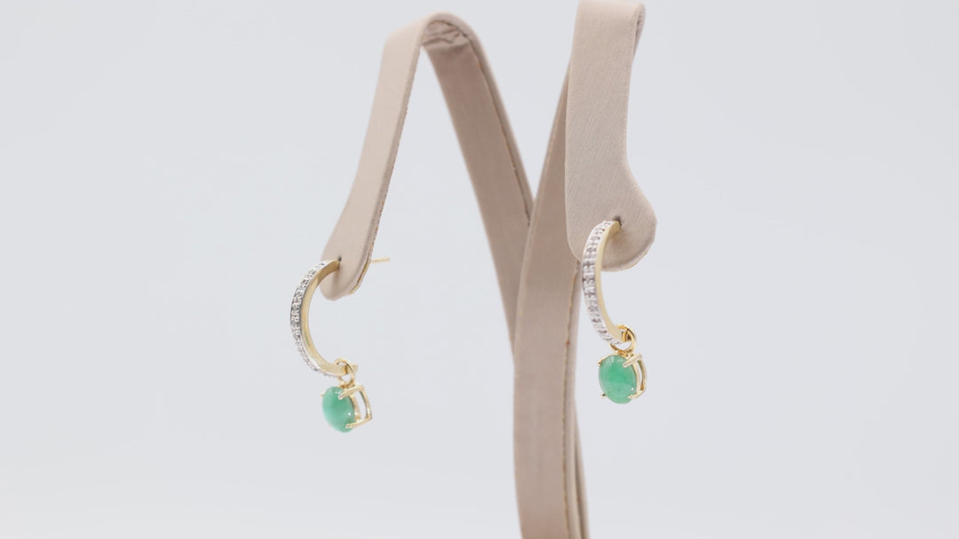 925 Sterling Silver Gold Plated Half Hoop Dangle Earrings with Diamond and 8x6mm Oval Jade Stone