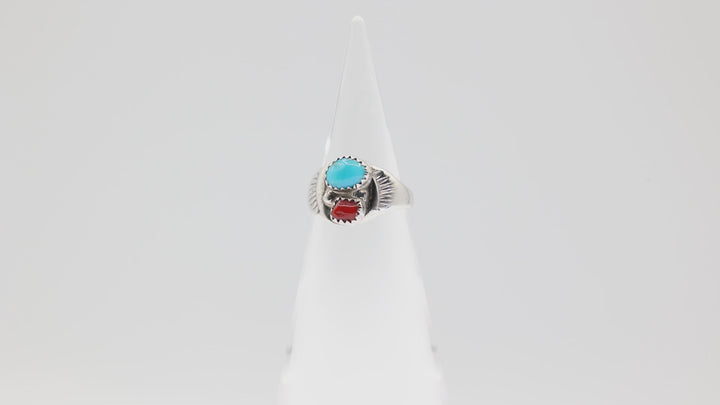 925 Silver Turquoise and Red Coral SW Ring -  Size 7.75