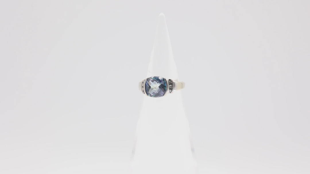 10k White Gold Blue Topaz 8x9mm with White Sapphires Ring - Size 5.75