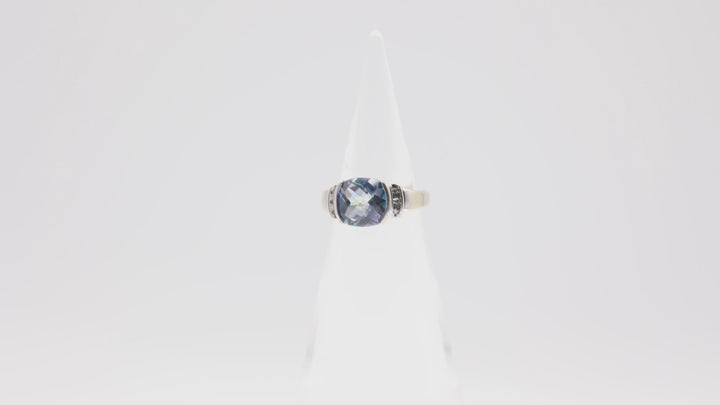 10k White Gold Blue Topaz 8x9mm with White Sapphires Ring - Size 5.75