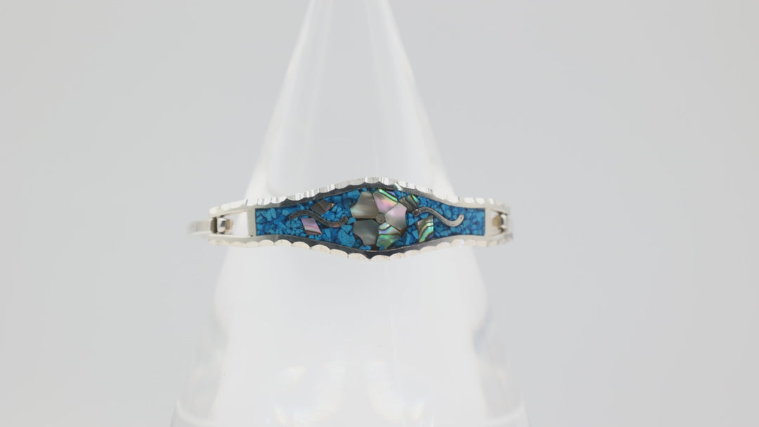 925 Silver Blue Mother of Pearl Shell Inlay Floral Plated Bracelet
